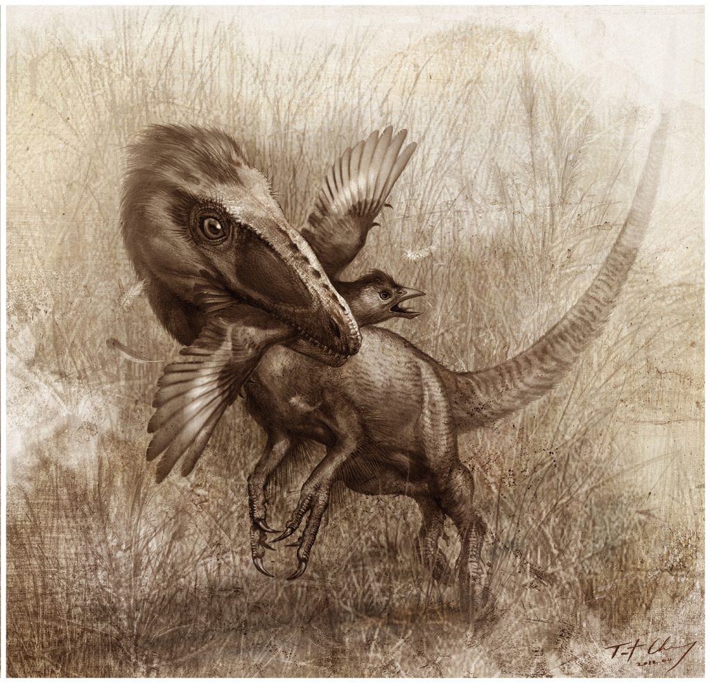 scientific illustration of a dinosaur eating a bird