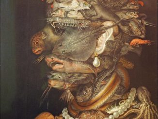 Scientific illustration or, well, painting of Water and marine life as an elemental face