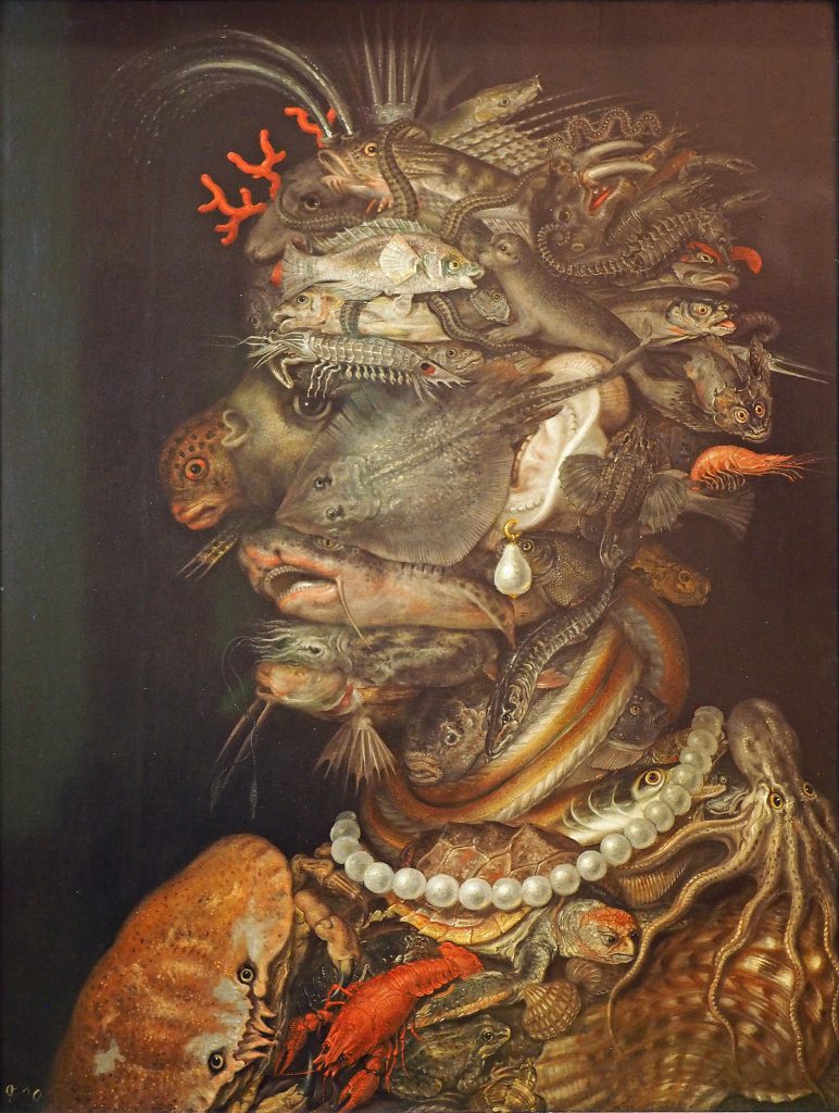 Scientific illustration or, well, painting of Water and marine life as an elemental face
