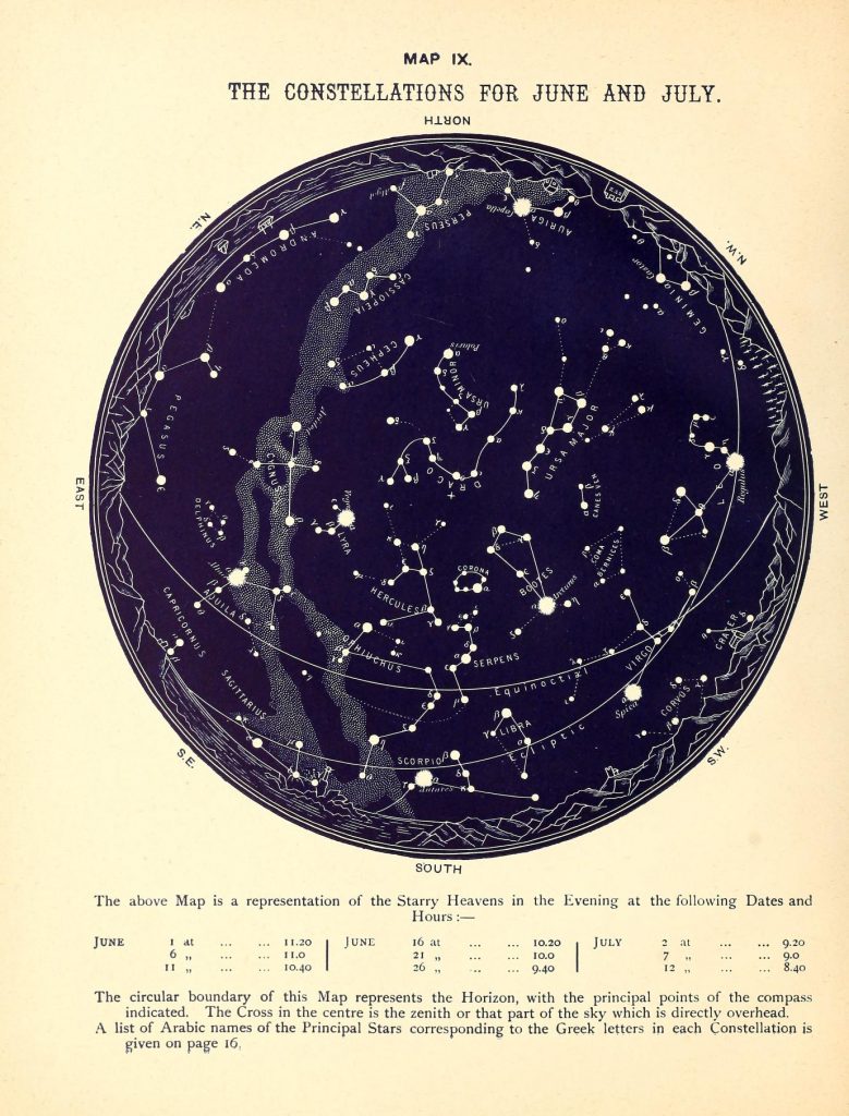 Scientific Illustration of a star map; the constellations of the summer months