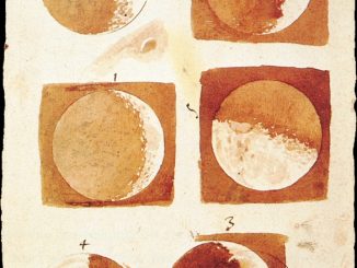 Scientific illustration by Galileo Galilei of the moon's phases, showing its craters and mountains.