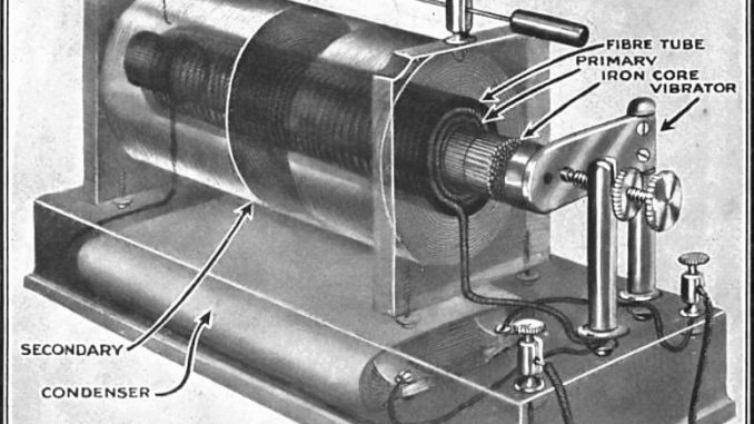 Scientific illustration of an induction coil from The How and Why of Radio Apparatus. It's an old electric image. Antique equipment FTW.