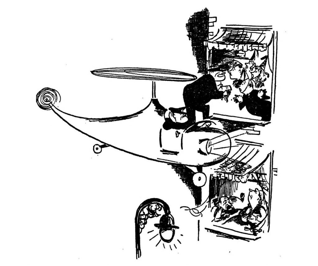A scientific illustration (in the form of a cartoon) depicting the coming age of helicopters, when police will simply be able to hover by your high-rise apartment window to conduct their inquiries.