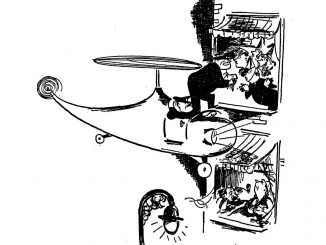 A scientific illustration (in the form of a cartoon) depicting the coming age of helicopters, when police will simply be able to hover by your high-rise apartment window to conduct their inquiries.