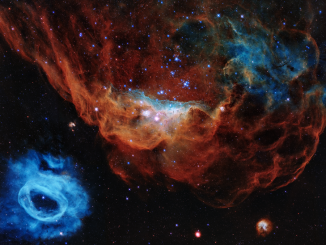 Scientific illustration of two nebulae in the Large Magellanic Cloud imaged by the Hubble Space Telescope