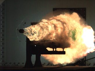 scientific illustration of a railgun projectile fired during a US Navy test run.
