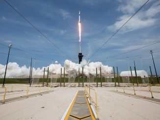 Scientific illustration of a Falcon 9 rocket launch, carrying the Dragon capsule with astronauts to the International Space Station, by NASA/Bill Ingalls