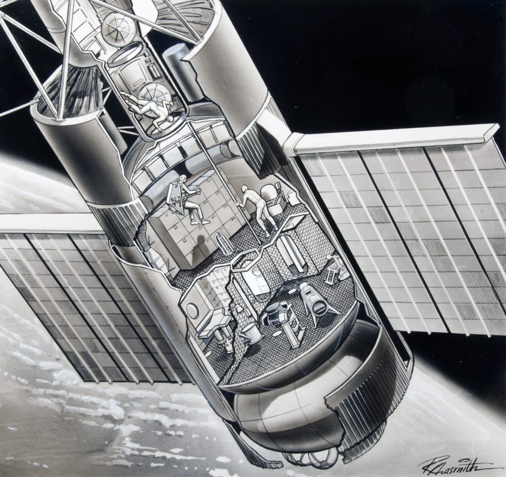 Scientific illustration of Skylab by Russ Arasmith, NASA