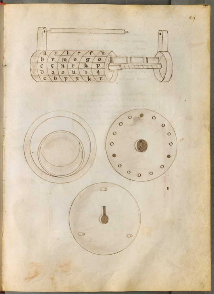 Scientific illustration of an early combination lock from Giovanni de Fontana