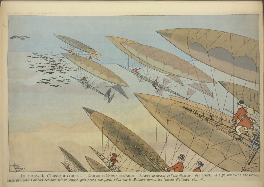 Scientific illustration of a dirigible hunt, a cartoon of balloons and zeppelins and blimps all aiming at a flock of birds in midair