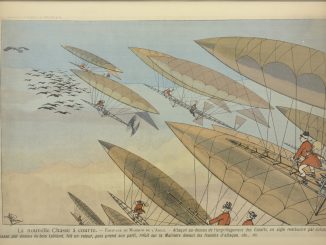 Scientific illustration of a dirigible hunt, a cartoon of balloons and zeppelins and blimps all aiming at a flock of birds in midair