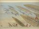 Scientific illustration of a dirigible hunt, a cartoon of balloons and zeppelins and blimps all aiming at a flock of birds in midair