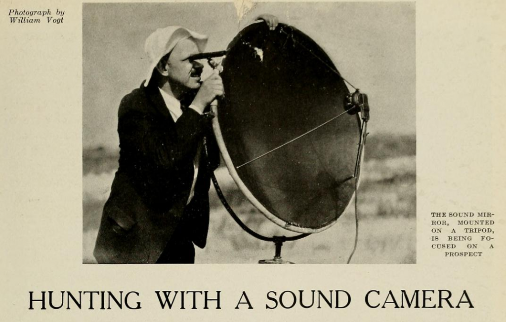 Scientific illustration of a sound camera, a large, dish-shaped piece of acoustic equipment.