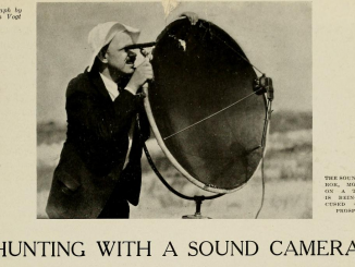 Scientific illustration of a sound camera, a large, dish-shaped piece of acoustic equipment.