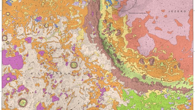 Scientific illustration of Jezero Crater and the Nili Planum on Mars, in the form of a detailed topographical map.