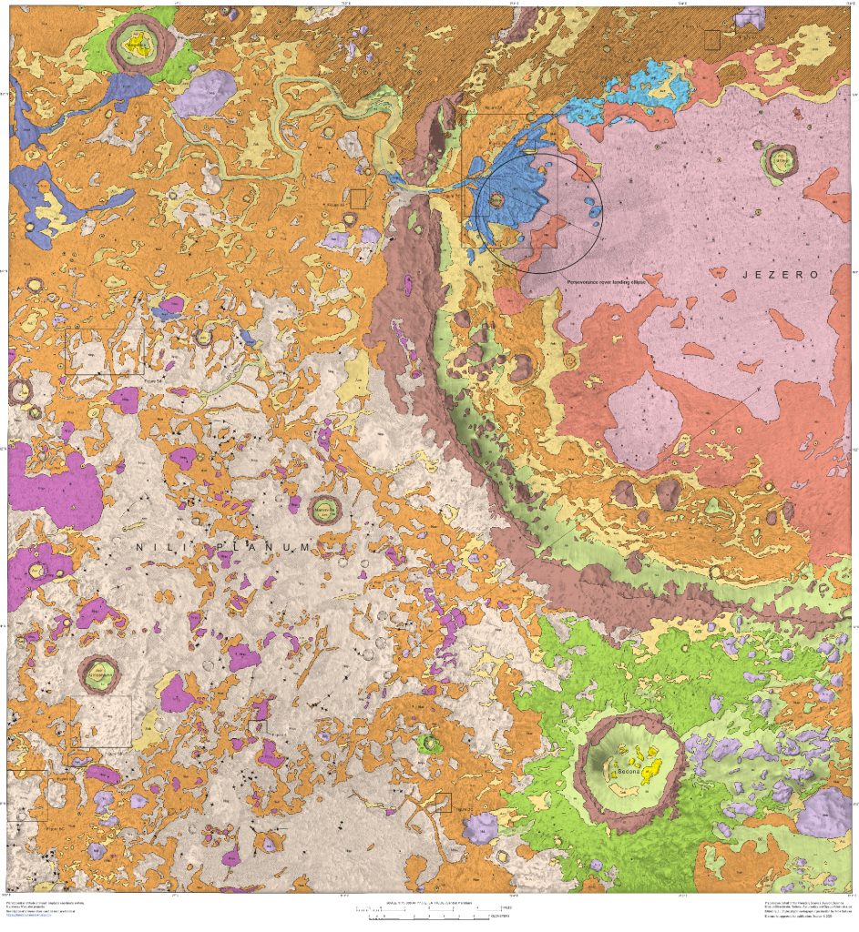 Scientific illustration of Jezero Crater and the Nili Planum on Mars, in the form of a detailed topographical map.