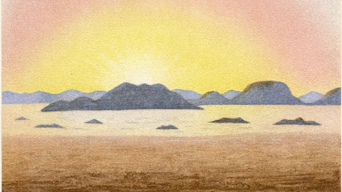 Scientific illustration of a vivid sunrise caused by the explosive eruption of Krakatoa.