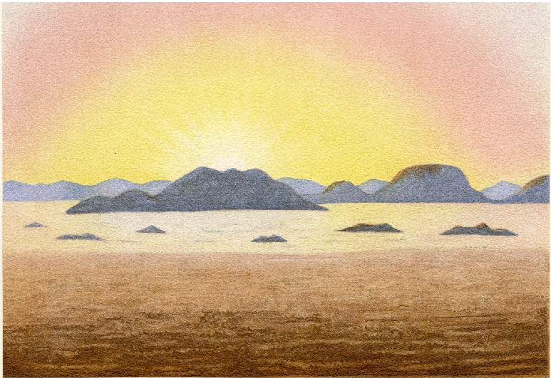 Scientific illustration of a vivid sunrise caused by the explosive eruption of Krakatoa.