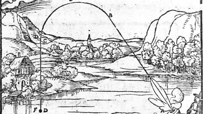 Scientific illustration of a cannonball trajectory, showing the arc of flight.
