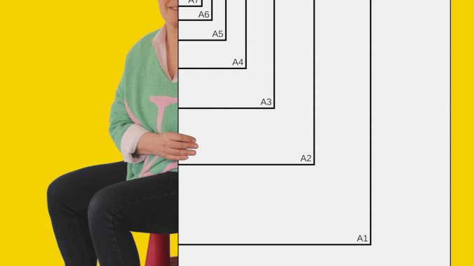Scientific illustration or technical illustration of standard paper sizes compared to a human body in stocking feet.