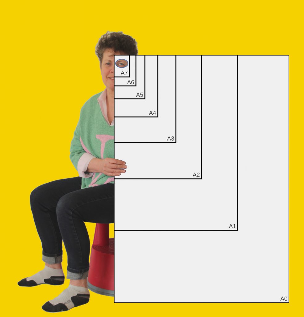 Scientific illustration or technical illustration of standard paper sizes compared to a human body in stocking feet.