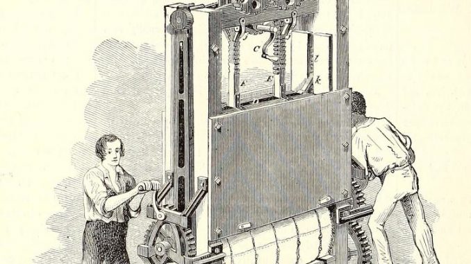 Scientific Illustration of an 1800s press, a machine used to bale cotton and other materials.