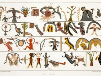 Scientific Illustration of an Ojibwe music board, with colorful human and animal figures, as illustrated by by James Ackerman after a watercolor by Seth Eastman