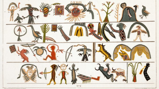 Scientific Illustration of an Ojibwe music board, with colorful human and animal figures, as illustrated by by James Ackerman after a watercolor by Seth Eastman