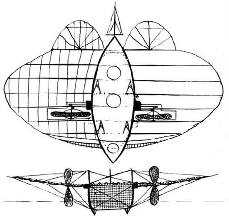Scientific illustration of an amphibious aircraft from the 1800s.
