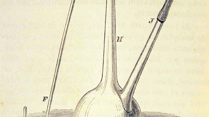 Scientific illustration of a ""Sinuous neck flask employed by M. Pasteur in his experiments against spontaneous generation"; in other words, antique laboratory glassware.