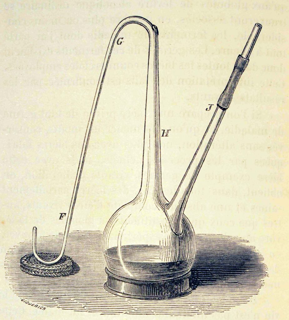 Scientific illustration of a ""Sinuous neck flask employed by M. Pasteur in his experiments against spontaneous generation"; in other words, antique laboratory glassware.