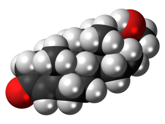 Scientific illustration of a progesterone molecule, a female sex hormone.