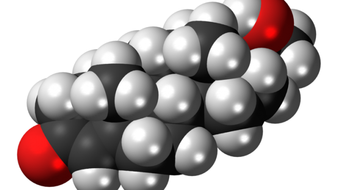 Scientific illustration of a progesterone molecule, a female sex hormone.