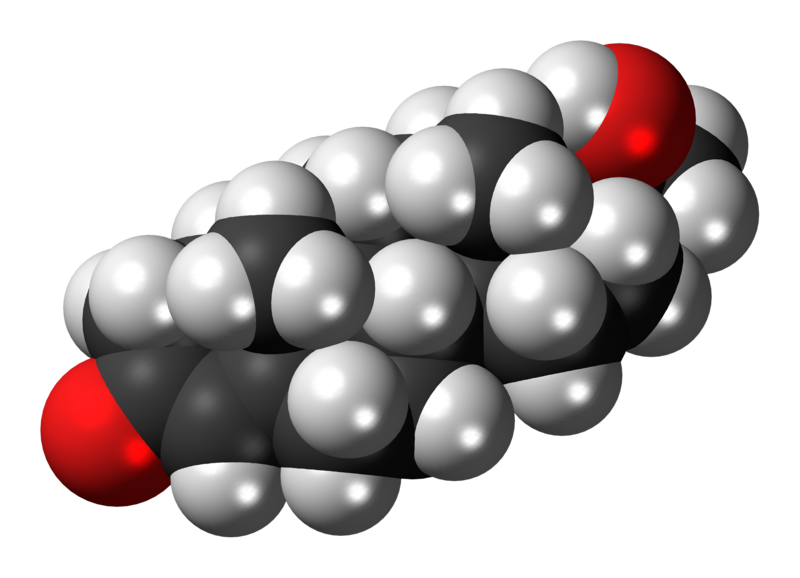 Scientific illustration of a progesterone molecule, a female sex hormone.
