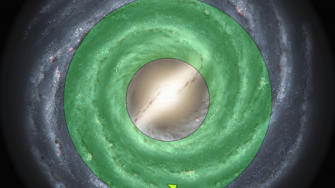 Scientific illustration of the "goldilocks zone" of the Milky Way, an area where habitable planets - or, in this case, habitable solar systems - can form.
