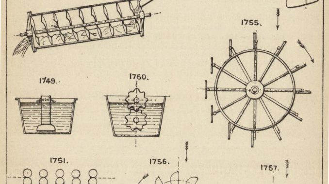 Scientific illustration of wheels, bins, sifters, and other engineering parts from https://archive.org/details/gri_33125001402706/page/n229/mode/1up, the Engineer's Sketchbook. p219.