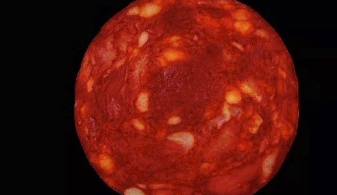 Scientific illustration of Proxima Centauri, or rather, a chorizo published as a star photo to illustrate that people trust social media too much.