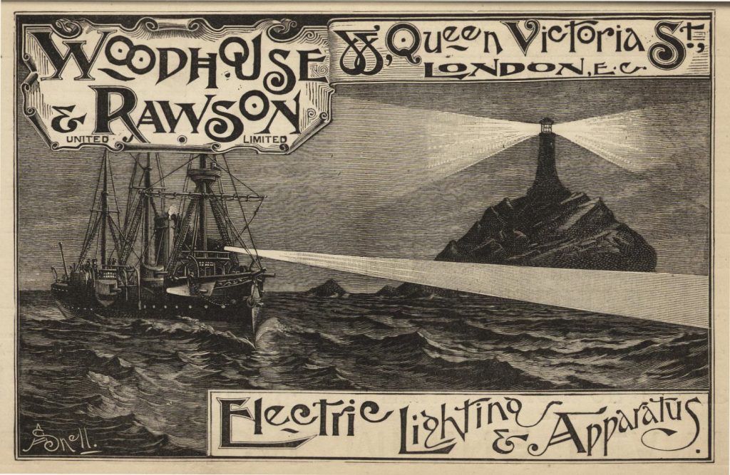 Scientific illustration of a shadowy lighthouse and a dark ship sending out brilliant beams of light to illuminate the inky blackness of the shore, in an image used to sell lighting apparatus to Victorian engineers.