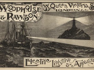 Scientific illustration of a shadowy lighthouse and a dark ship sending out brilliant beams of light to illuminate the inky blackness of the shore, in an image used to sell lighting apparatus to Victorian engineers.