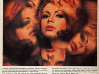 Scientific illustration in the form of a vintage ad for PVP, a chemical put into cosmetics.