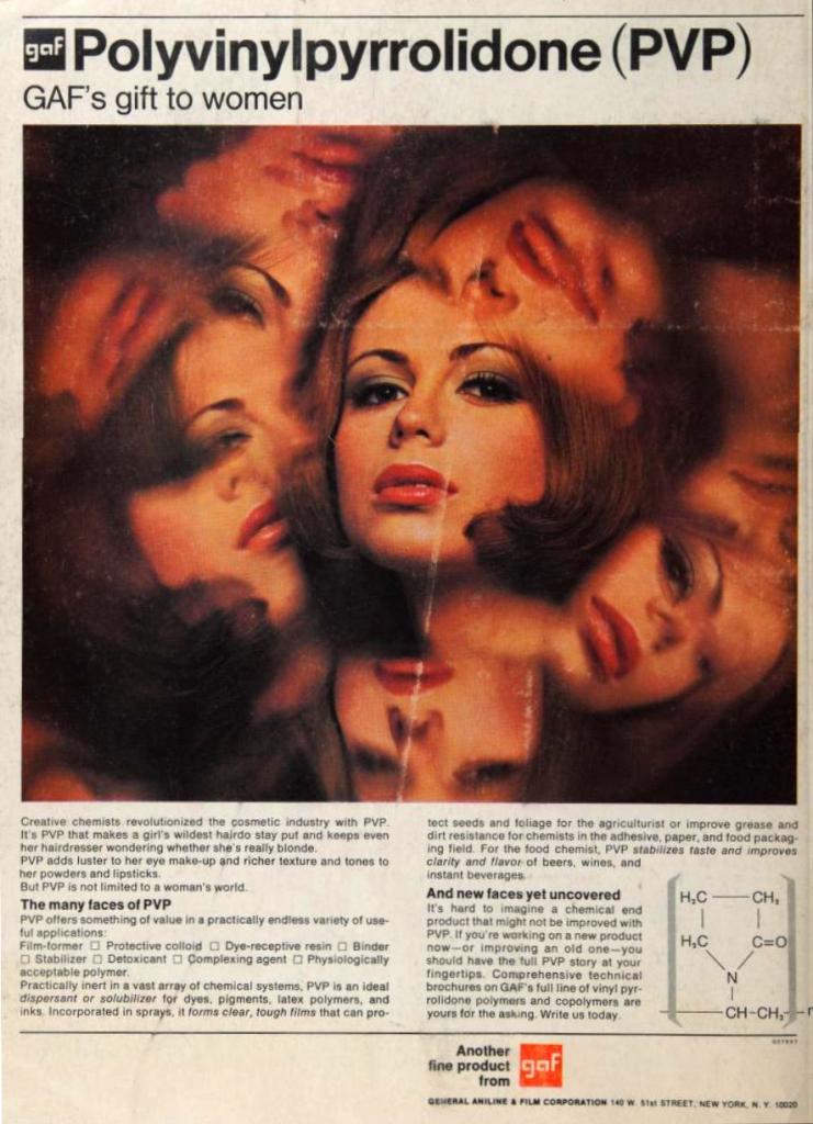 Scientific illustration in the form of a vintage ad for PVP, a chemical put into cosmetics.