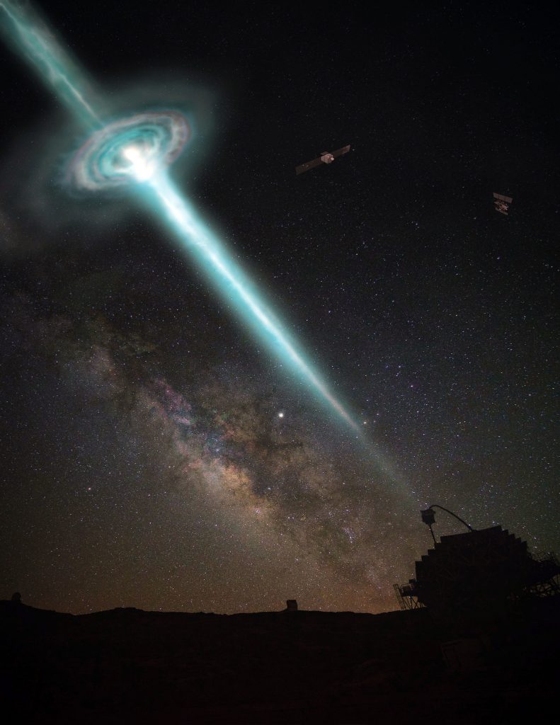 Scientific illustration of a telescope array capturing a gamma-ray burst: dark skies and glowing energy fields. Superbossa.com and C. Righi.