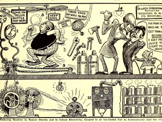 Scientific illustration in the form of a 1900s comic strip parodying early electrical experiments. Cartoon shows a man on a treadmill being encouraged to lose weight while unknowingly powering up the inventor's bank of batteries.