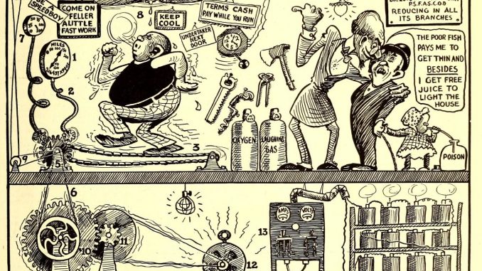 Scientific illustration in the form of a 1900s comic strip parodying early electrical experiments. Cartoon shows a man on a treadmill being encouraged to lose weight while unknowingly powering up the inventor's bank of batteries.
