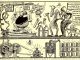 Scientific illustration in the form of a 1900s comic strip parodying early electrical experiments. Cartoon shows a man on a treadmill being encouraged to lose weight while unknowingly powering up the inventor's bank of batteries.