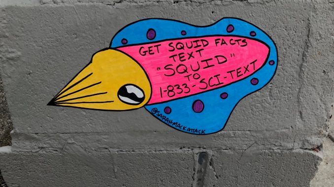 Scientific illustration in the form of street art advertising "Squid Facts: Text 'Squid' to 1-833-SCi-TEXT"