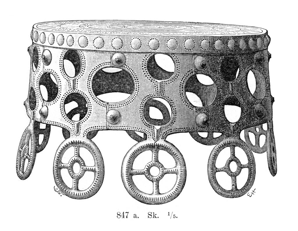 Scientific illustration by Olof Sörling of a object that might be a ritual drum, or a throne, or might be something else. It looks a little like an inverted breadbasket, with many circular cutouts and circled-crosses as ornamentation.