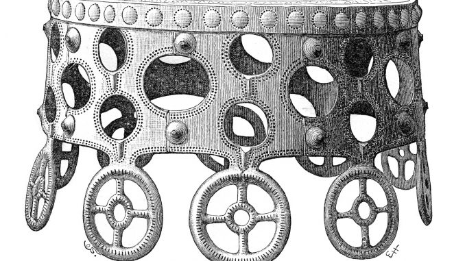 Scientific illustration by Olof Sörling of a object that might be a ritual drum, or a throne, or might be something else. It looks a little like an inverted breadbasket, with many circular cutouts and circled-crosses as ornamentation.
