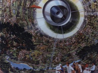 Scientific illustration by Rick Guidice of a space colony, complete with cylindrical walls and people hanging out in the greenery growing inside.
