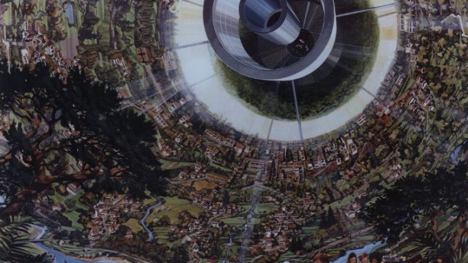 Scientific illustration by Rick Guidice of a space colony, complete with cylindrical walls and people hanging out in the greenery growing inside.